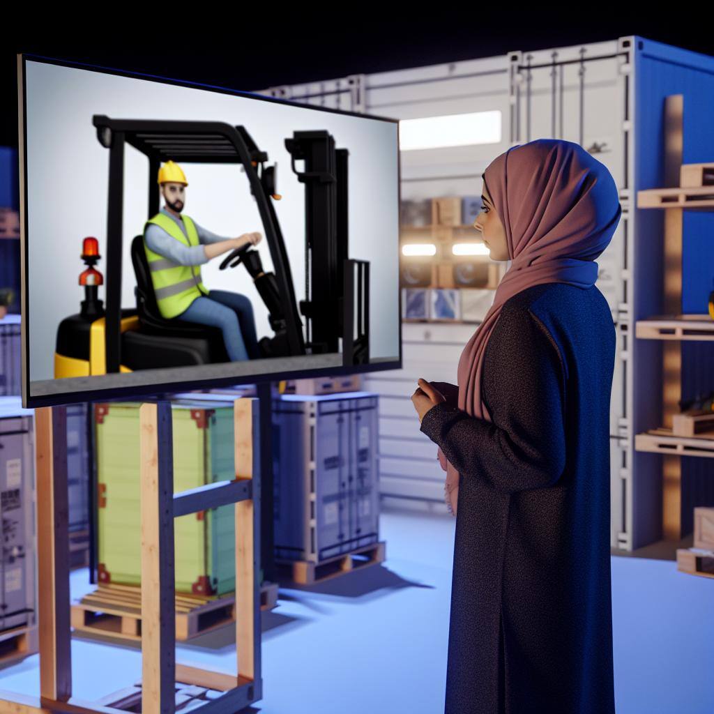 A forklift operator watching a training video on workplace safety and operation skills in a simulated environment.