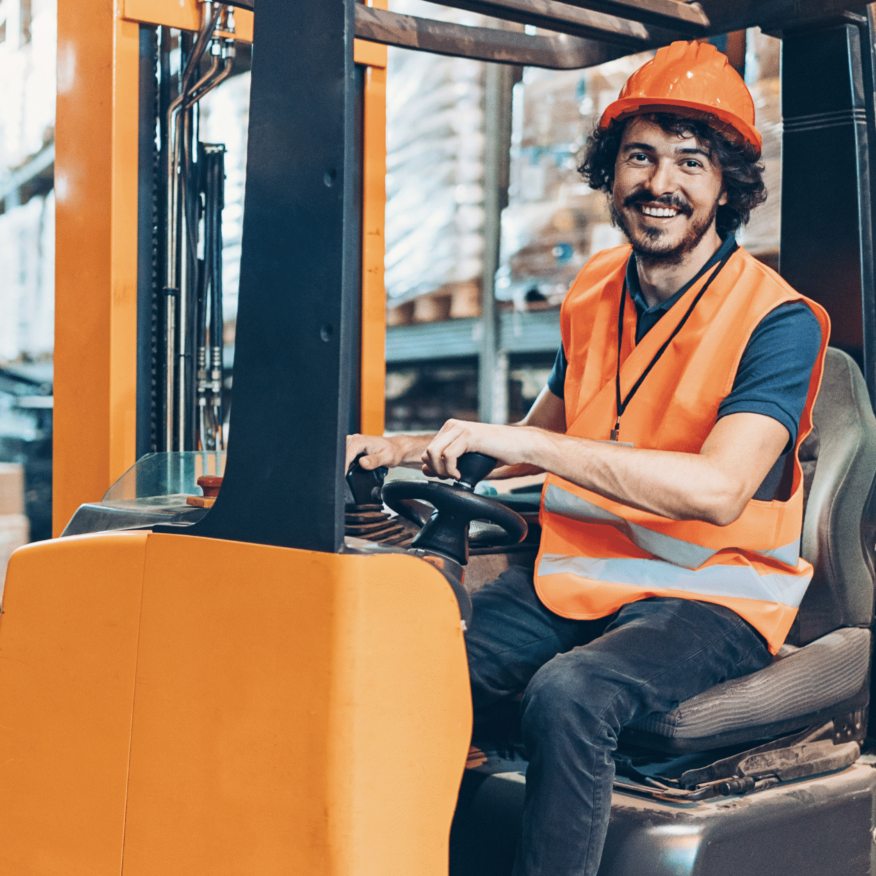 happy worker driving a forklift-1